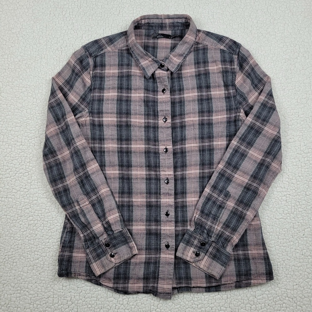 Prana Shirt Women’s Size S Button Up Flannel Black Pink Tan Plaid Outdoor Hiking